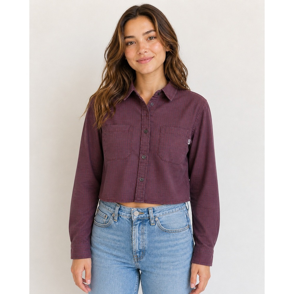 Vans Button Down Shirt Womens Small Burgundy Plaid Cropped Long Sleeve Flannel - Picture 1 of 8